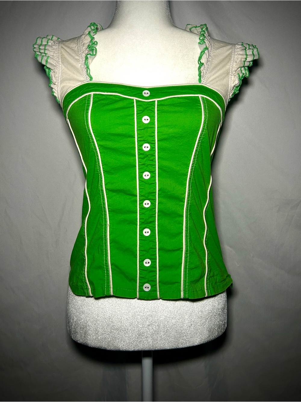 Maxine of Hollywood Green and White Button-Front Bustier Top